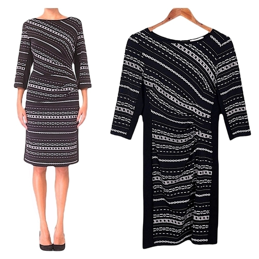 Joseph Ribkoff Chain Print Sheath Dress Size 8 3/4 Sleeve Ruching Dressy Career